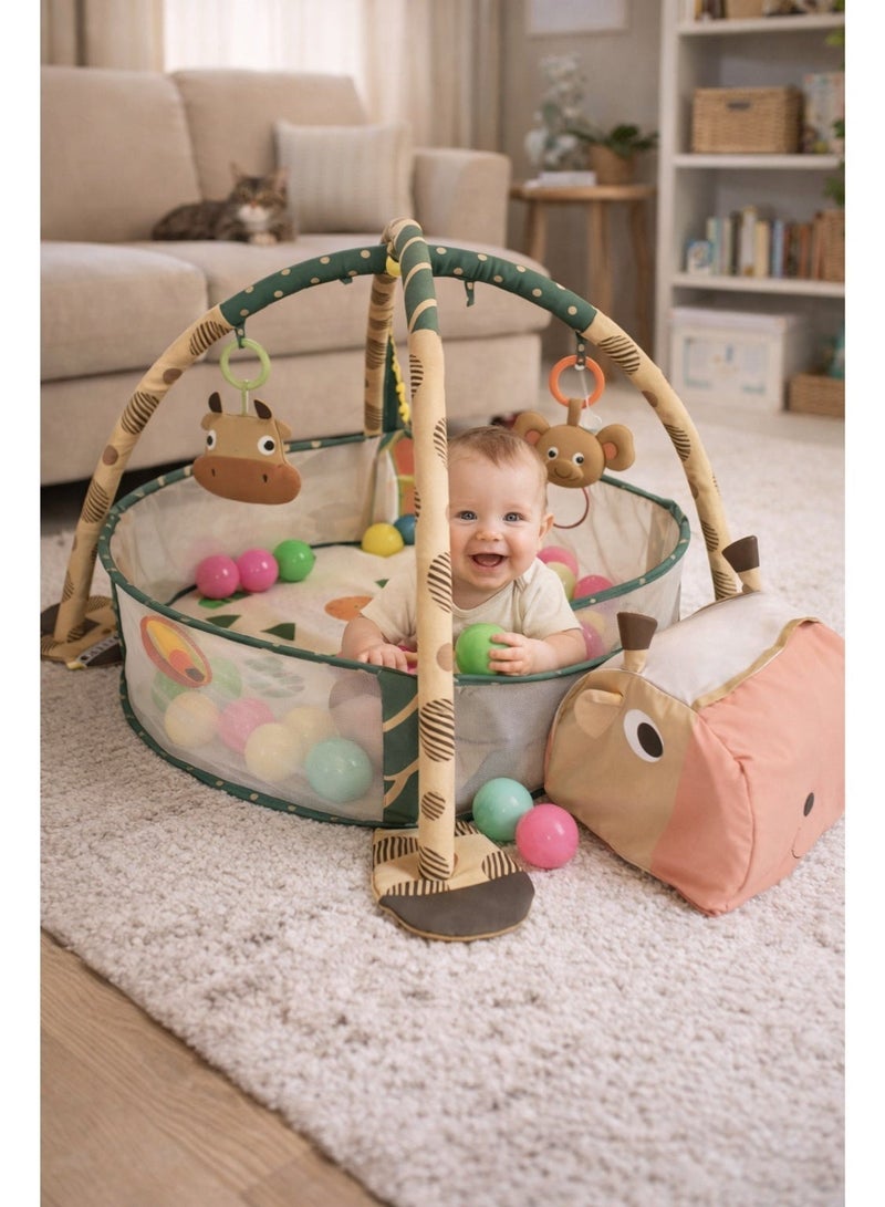 3-in-1 Baby Play Gym Mat with Ball Pit & Mesh Playpen, Tummy Time Activity Play Mat for Infants, Detachable Hanging Toys, Indoor Safe Play Area, Includes 30 Colorful Balls - Image 4
